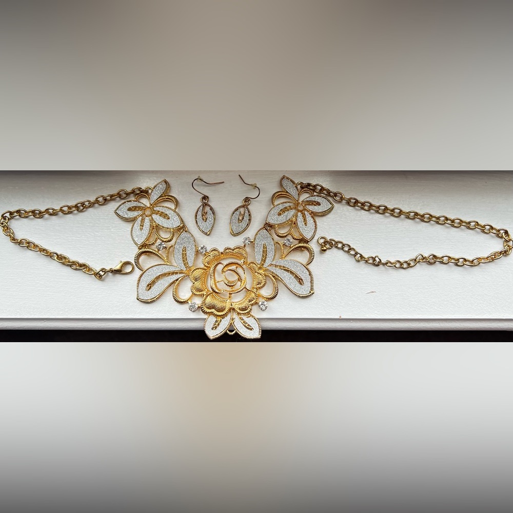 Gold Floral Necklace and Earring Set